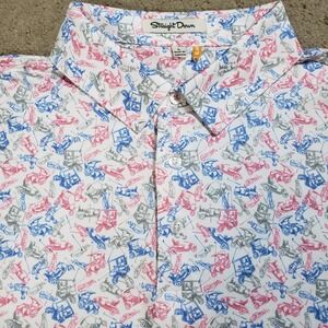 Straight Down Polo Shirt Mens L Golf Cart Antique Cars Automobile Print Stretch